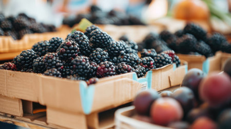 Fresh blackberries at a market in paper boxes, showcasing local, organic, and healthy food in a vintage hipster styleの素材