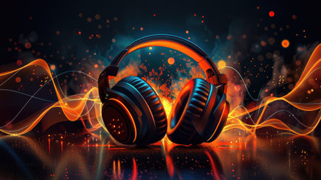 Bright and dynamic sound waves with headphones on a dark backdrop, perfect for a captivating podcast bannerの素材