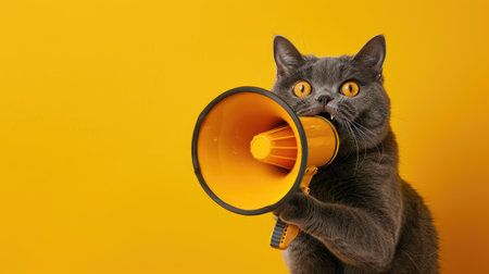Wide-eyed grey cat holding a megaphone on a bright yellow background, perfect for lively promotions and messagesの素材
