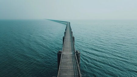 Scenic sea landscape featuring a long bridge reaching out to the horizon, symbolizing connection and distance.の素材