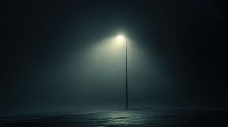 Mysterious glow: A street light shines through heavy fog on a dark, deserted night, creating a moody and atmospheric sceneの素材