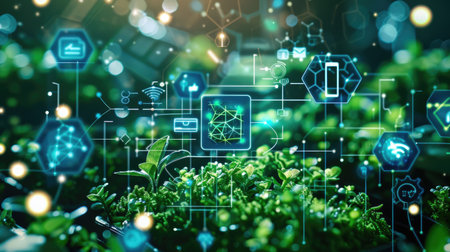 Conceptual image of sustainability analytics tools aiding green business planning, emphasizing corporate responsibility and ESG reporting.の素材
