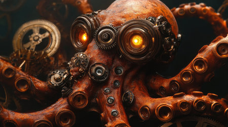 Gears and tentacles: A steampunk octopus with glowing eyes and mechanical tentacles,の素材