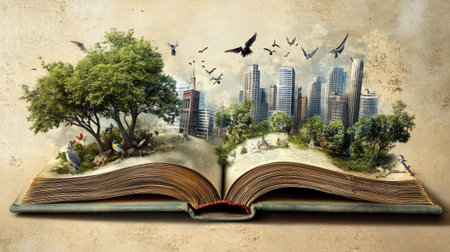 Fantastical scene with an open book: An open book lies on a beige surface, with a surreal world of trees, buildingsの素材