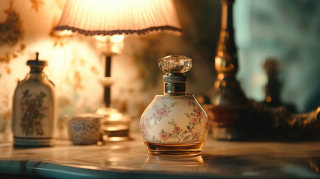 Classic scent bottle: An old-fashioned perfume atomizer with a delicate floral pattern, resting on a vanity with soft lighting.の素材