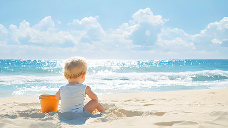 Baby on the beach: A baby sitting on the sand at the beach, playing with a bucket and shovel, surrounded by the sea breezeの素材