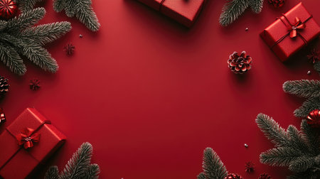 Festive simplicity: A red Christmas-themed background with minimalist pine trees and gift boxesの素材