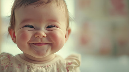 Chubby cheeks: A close-up of a baby with adorably chubby cheeks, smilingの素材
