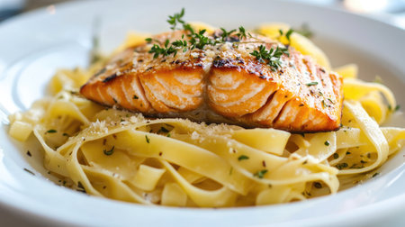 Delicious harmony: A beautifully plated dish of pasta and salmon, garnished with a sprinkle of herbsの素材