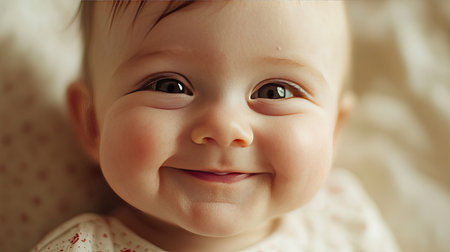 Chubby cheeks: A close-up of a baby with adorably chubby cheeks, smilingの素材