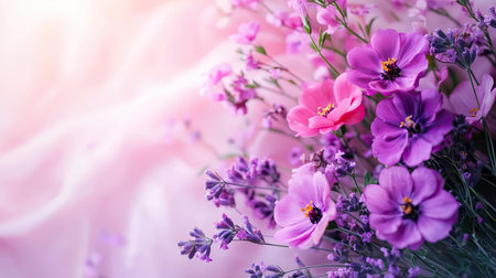Gentle colors: A bouquet of purple and pink flowers on a pastel background, a soothing and visually pleasing imageの素材
