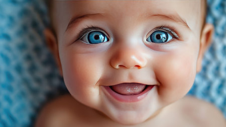Adorable innocence: A close-up of a cute baby with big, bright eyes and a joyful smile,の素材