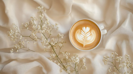 A cozy coffee moment with a cup of latte art, surrounded by delicate flowers on a light fabric,の素材