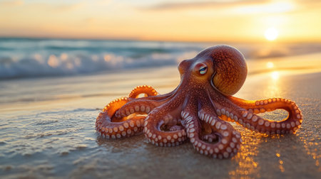 Coastal creature: A vivid shot of an octopus on the beach, blending the raw beauty of marine lifeの素材
