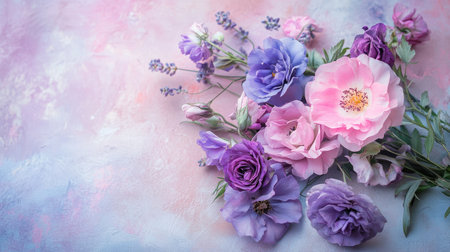 Gentle colors: A bouquet of purple and pink flowers on a pastel background, a soothing and visually pleasing imageの素材
