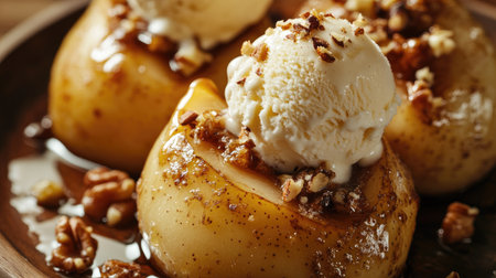 Rustic sweetness: A close-up of baked pears drizzled with honey, topped with a scoop of creamy ice creamの素材