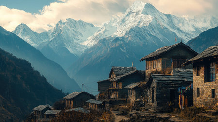 Lonely Indian Mountain Village: A remote mountain village in India, with traditional houses and a sense of isolationの素材
