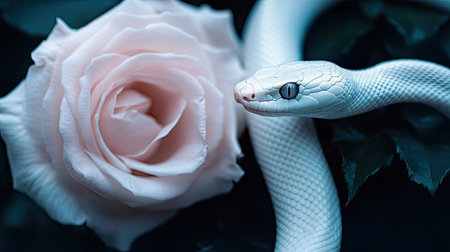 Mystical contrast: A white snake slithering beside a delicate rose, creating a captivating image of nature's contrasts.の素材