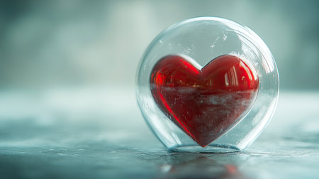 A delicate, abstract red heart is suspended within a transparent glass dome, symbolizing love and protection, set against a soft, minimalistの素材