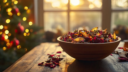 A bowl of holiday-scented potpourri placed near the entrance of a home, surrounded by warm light,の素材