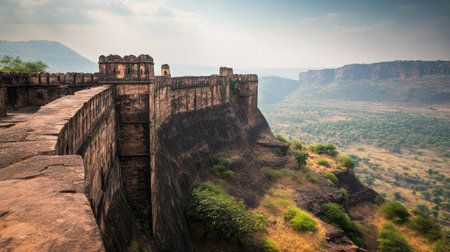 Lonely Indian Fort Wall: The high walls of a historic Indian fort, standing strong and empty against the backdrop of a vast landscapeの素材