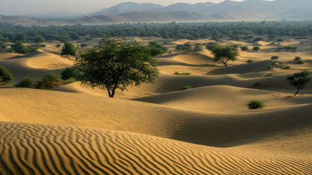 Empty Rajasthani Dunes: The rolling sand dunes of Rajasthan, with only the wind and shadows moving across the empty landscapeの素材