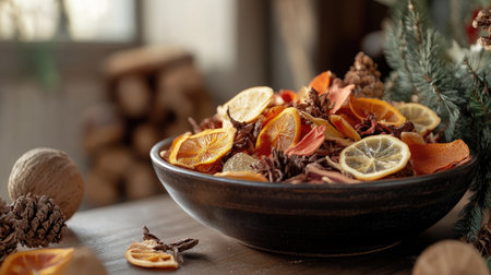 A bowl of aromatic potpourri, featuring warm holiday scents, arranged near the doorway to greet guestsの素材