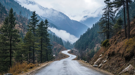 Quiet Himalayan Road: A winding road in the Himalayasの素材