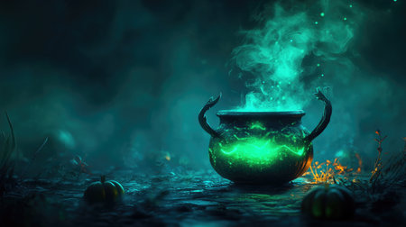 A stock-generated image of a witch's pot with a glowing green brew, surrounded by mist and magical elementsの素材