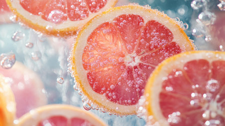 Close-up of pink grapefruit slices floating in bubbly water, with the bright citrus colorsの素材