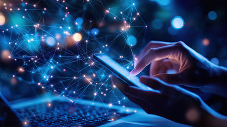 Close-up of hands using a mobile device and laptop, with a background of digital connections and big dataの素材