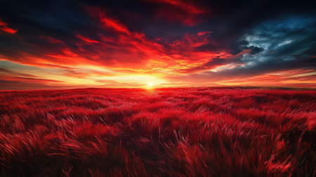 A striking scene of a red grass field beneath a fiery sunset sky, where the warm colors of the setting sun contrastの素材
