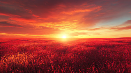 Vibrant red grass field stretching under a dramatic sunset sky, with deep orange and pink hues illuminating the horizonの素材
