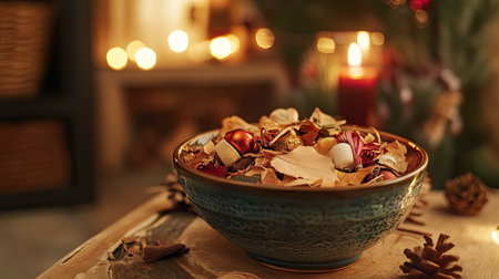 Holiday-themed potpourri in a decorative bowl, set out near the entrance of a home,の素材