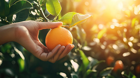 Vivid close-up of a hand harvesting a ripe orange from a tree, with sunlight filtering through the leavesの素材