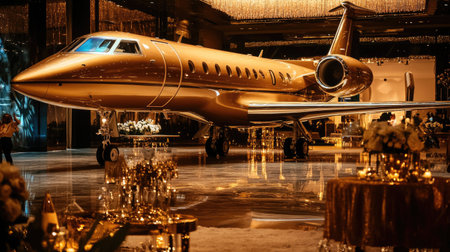 A luxurious golden jet on display in a lavish interior during a spectacular nighttime event,の素材