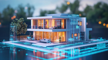 A modern smart home model displaying advanced technology integration, with mobile connectivity and automated featuresの素材