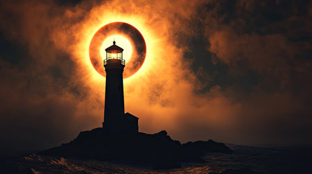 Solar eclipse setting the scene for a silhouetted lighthouse, with the darkened sky and glowing sun creating a dramaticの素材