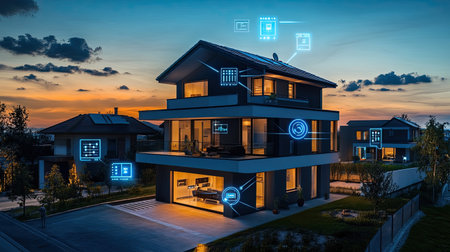 A modern smart home illuminated at dusk, surrounded by digital connectivity symbols,の素材