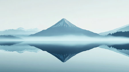 Minimalist digital art featuring a mountain reflected perfectly in still water,の素材