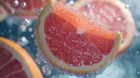 Close-up of pink grapefruit slices floating in bubbly water, with the bright citrus colorsの素材