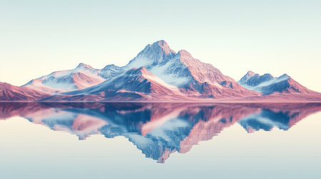 Minimalist digital art featuring a mountain reflected perfectly in still water,の素材