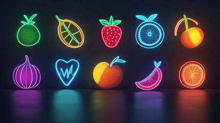 Neon glowing icons of various fruits, representing nutrition and healthの素材