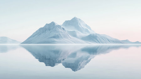 Serene minimalist art of a mountain and its reflection in still water, with a soft color palette creating a tranquilの素材