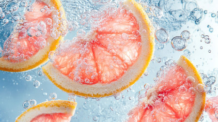 Slices of fresh pink grapefruit floating in clear water, surrounded by bubbles,の素材