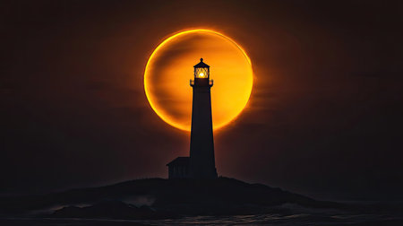 Powerful image of a lighthouse silhouetted during a solar eclipseの素材