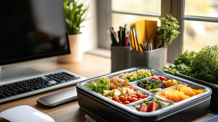 Reusable lunch container on a work desk, with healthy food items inside, emphasizing the importanceの素材