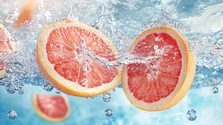 Slices of fresh pink grapefruit floating in clear water, surrounded by bubbles,の素材