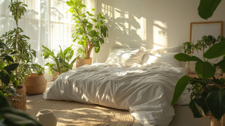 A cozy minimalist bedroom featuring a large bed and lush plants, bathed in bright natural light, creating a serene and tranquil spaceの素材