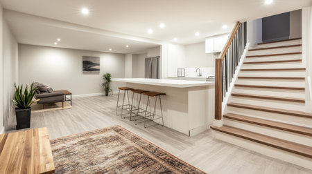 A beautifully renovated basement with a sleek white countertop and a stylish staircase,の素材